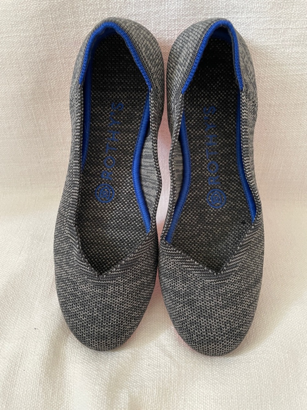 Rothy's Gray Knit Flats with Blue Trim and pink soles. Size 6 1/2